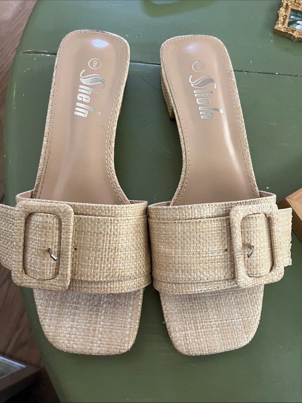 SHEIN Natural Raffia Buckle Slide Mules